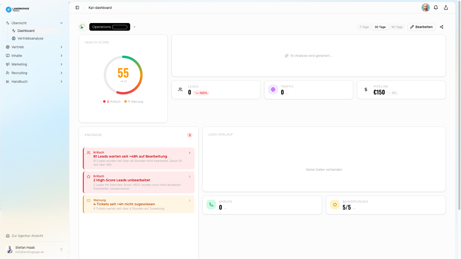 Screenshot: Business-Dashboard in der landingpage.tools Plattform