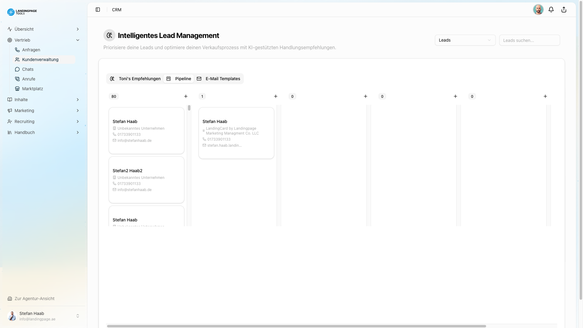 Screenshot: CRM & Kundenverwaltung in der landingpage.tools Plattform