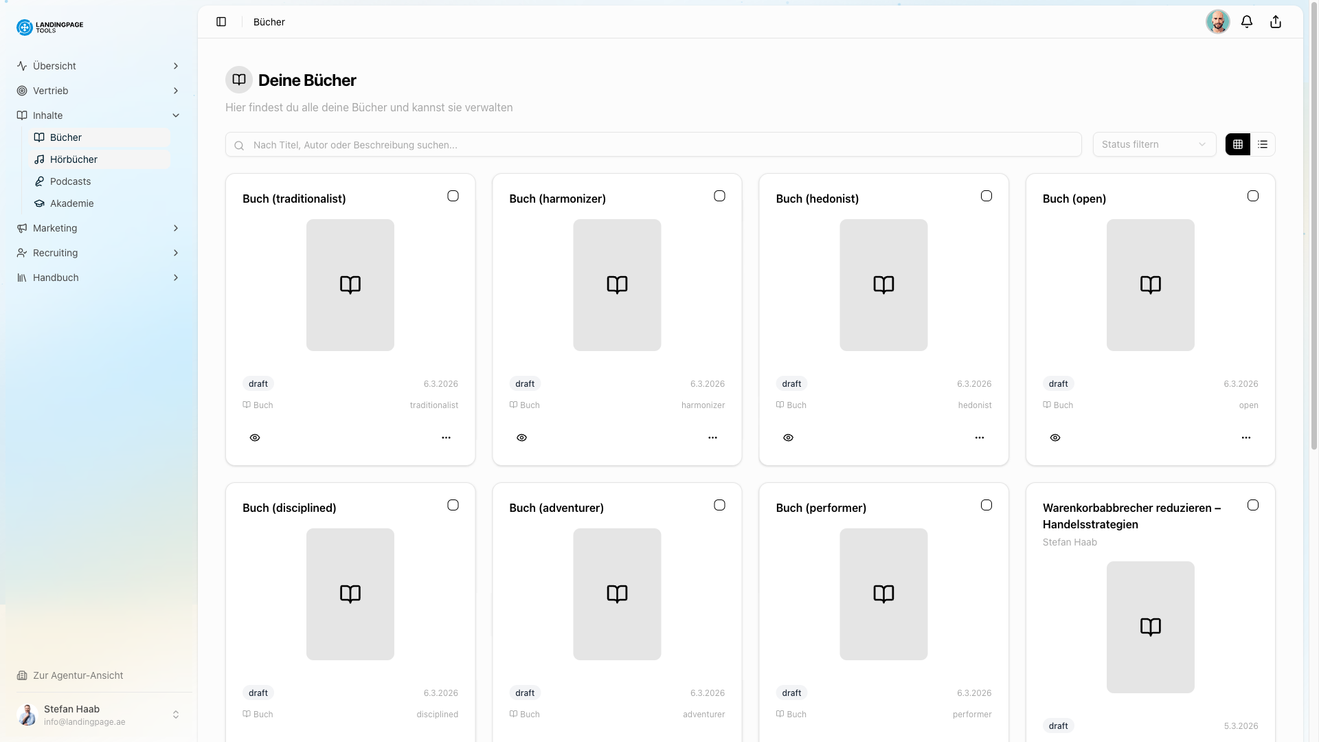 Screenshot: Buch-Produktion in der landingpage.tools Plattform