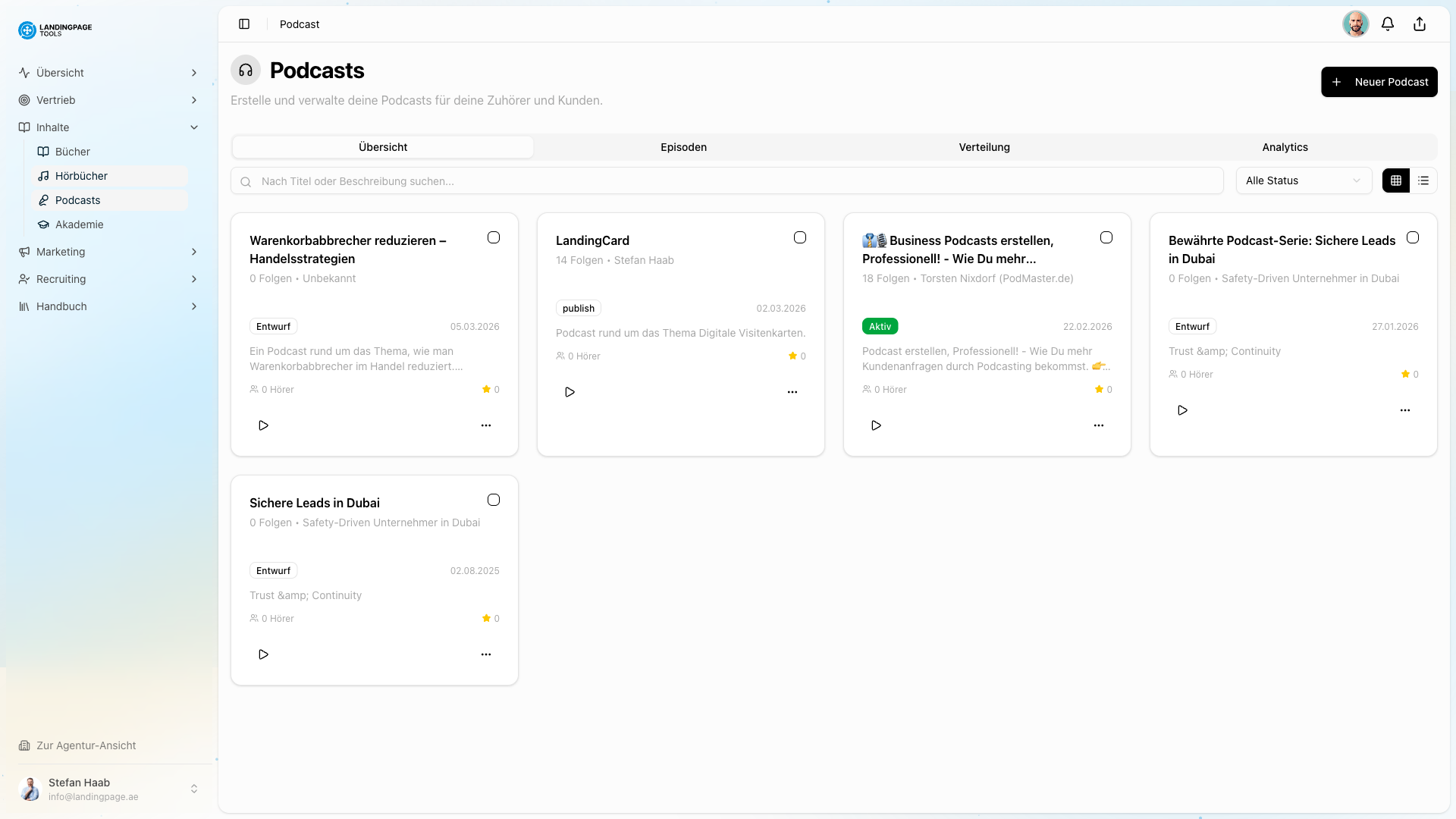 Screenshot: Podcast-Produktion in der landingpage.tools Plattform