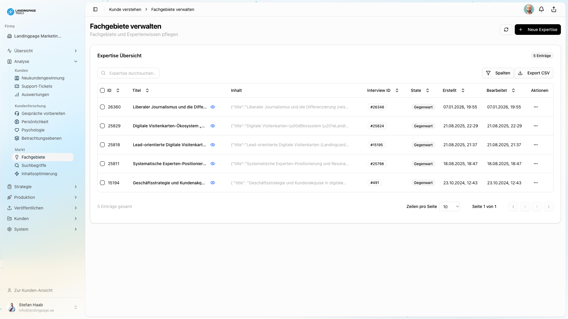 Screenshot: Expertise-Verwaltung in der landingpage.tools Plattform