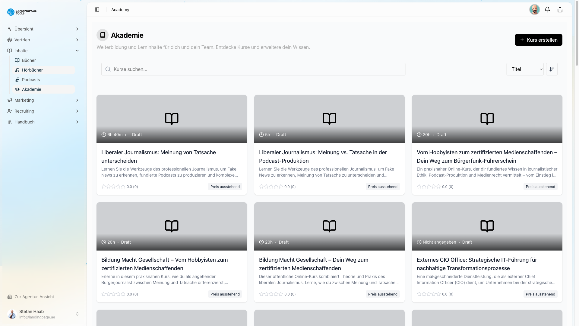 Screenshot: Event-Management in der landingpage.tools Plattform