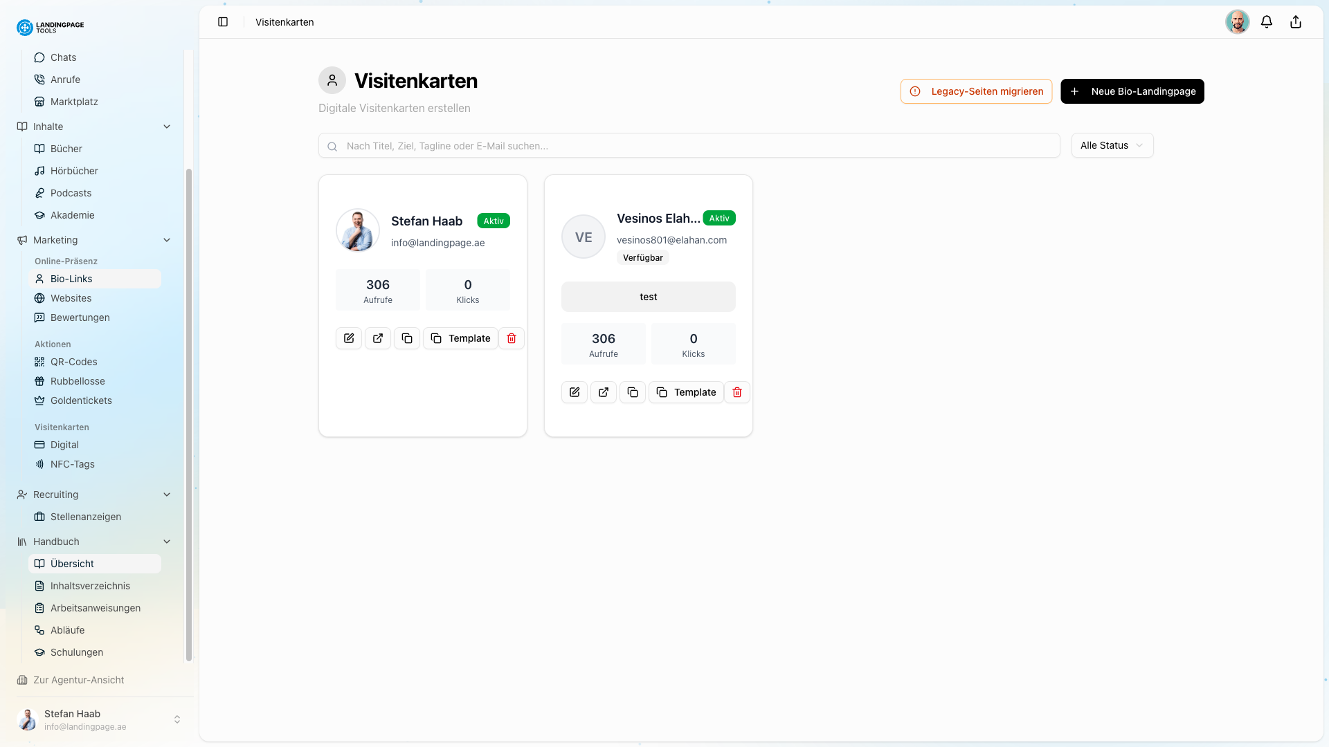 Screenshot: Digitale Visitenkarte in der landingpage.tools Plattform