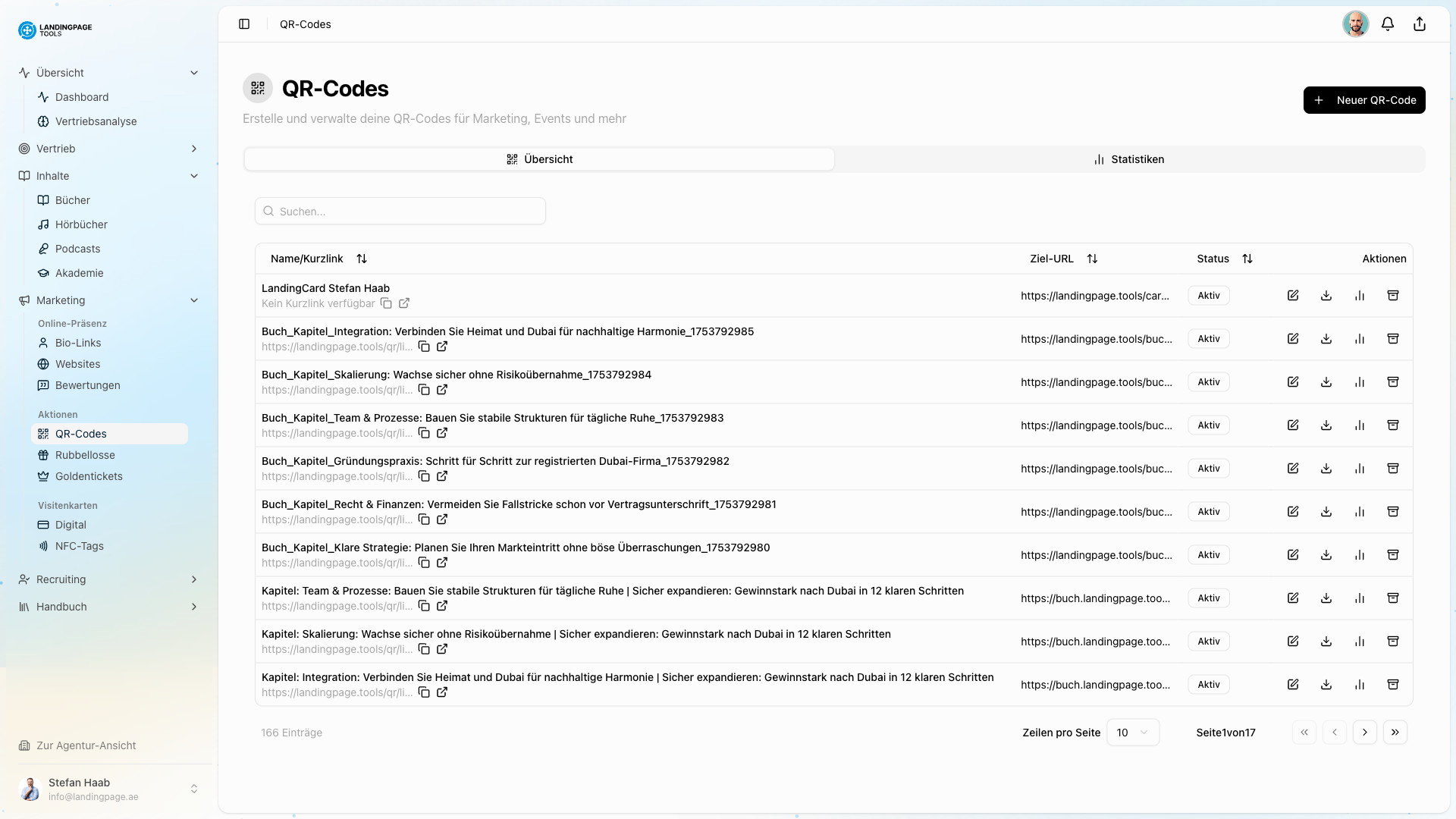 Screenshot: QR-Code-System in der landingpage.tools Plattform