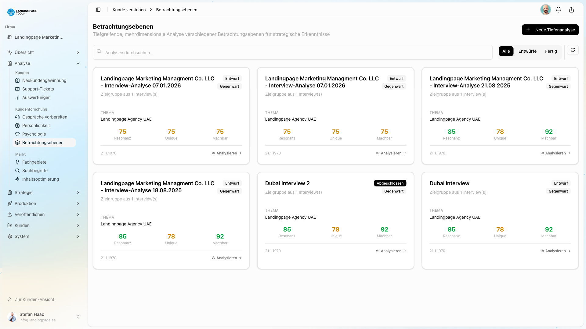 Screenshot: Schichten-Matrix in der landingpage.tools Plattform