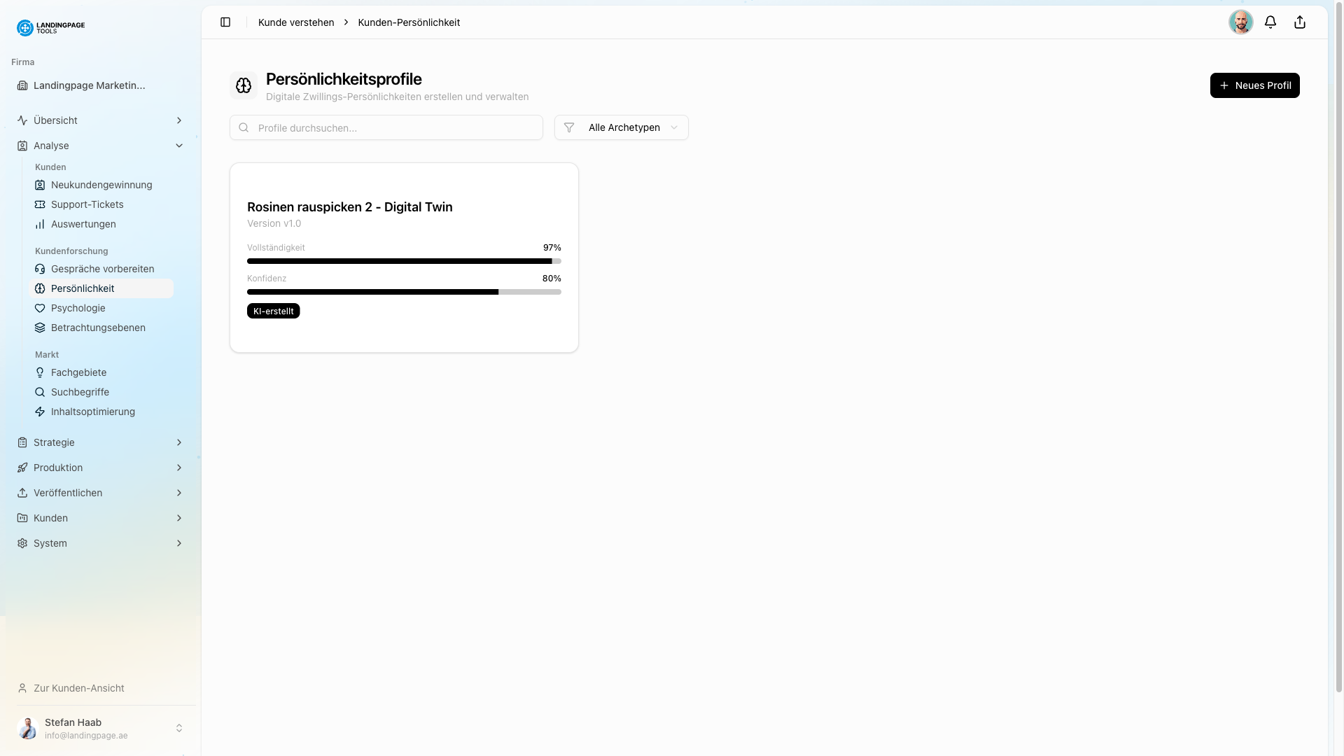 Screenshot: Limbic-Geschäftsmodell in der landingpage.tools Plattform