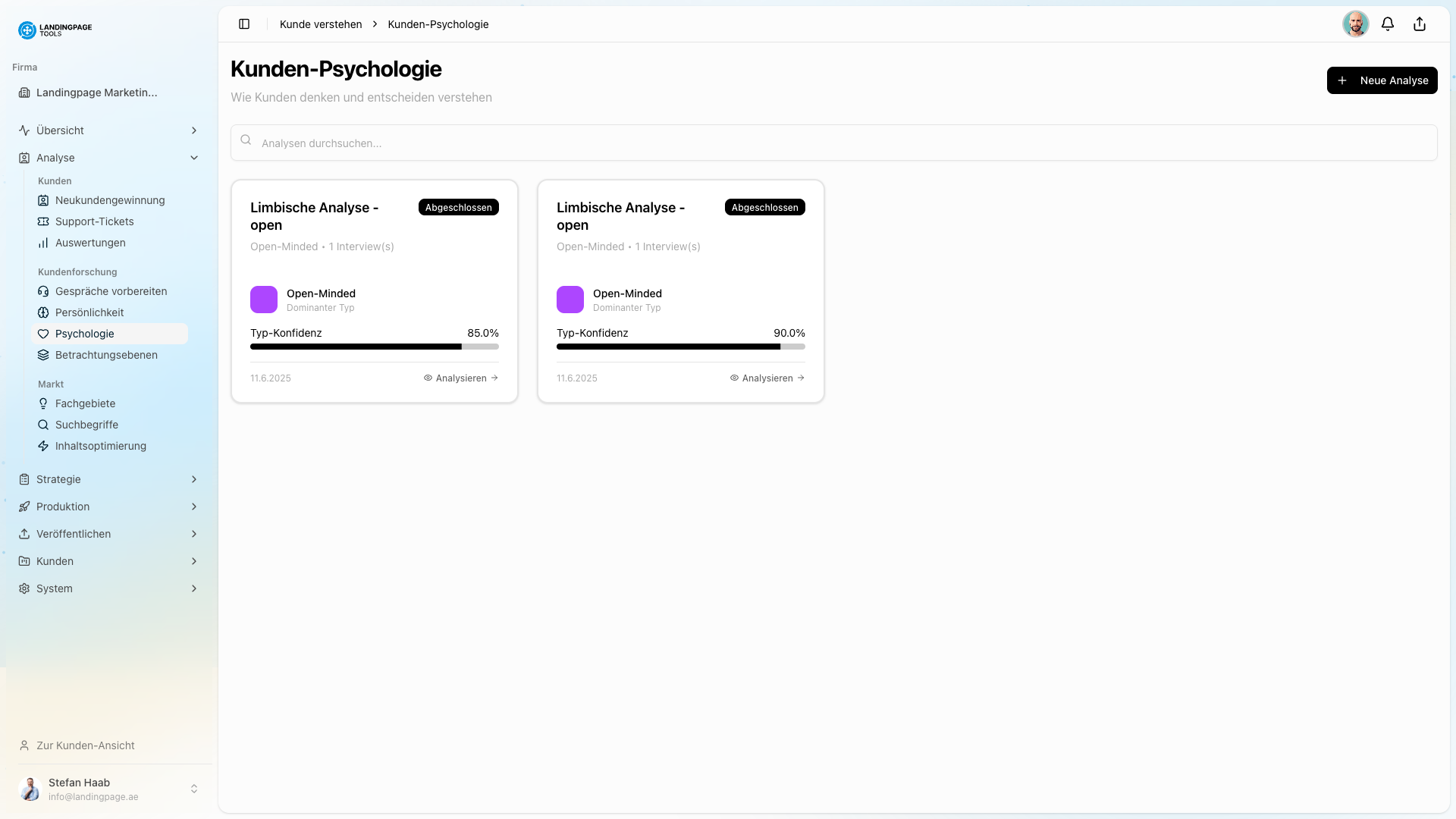 Screenshot: Psychologie-Profil in der landingpage.tools Plattform