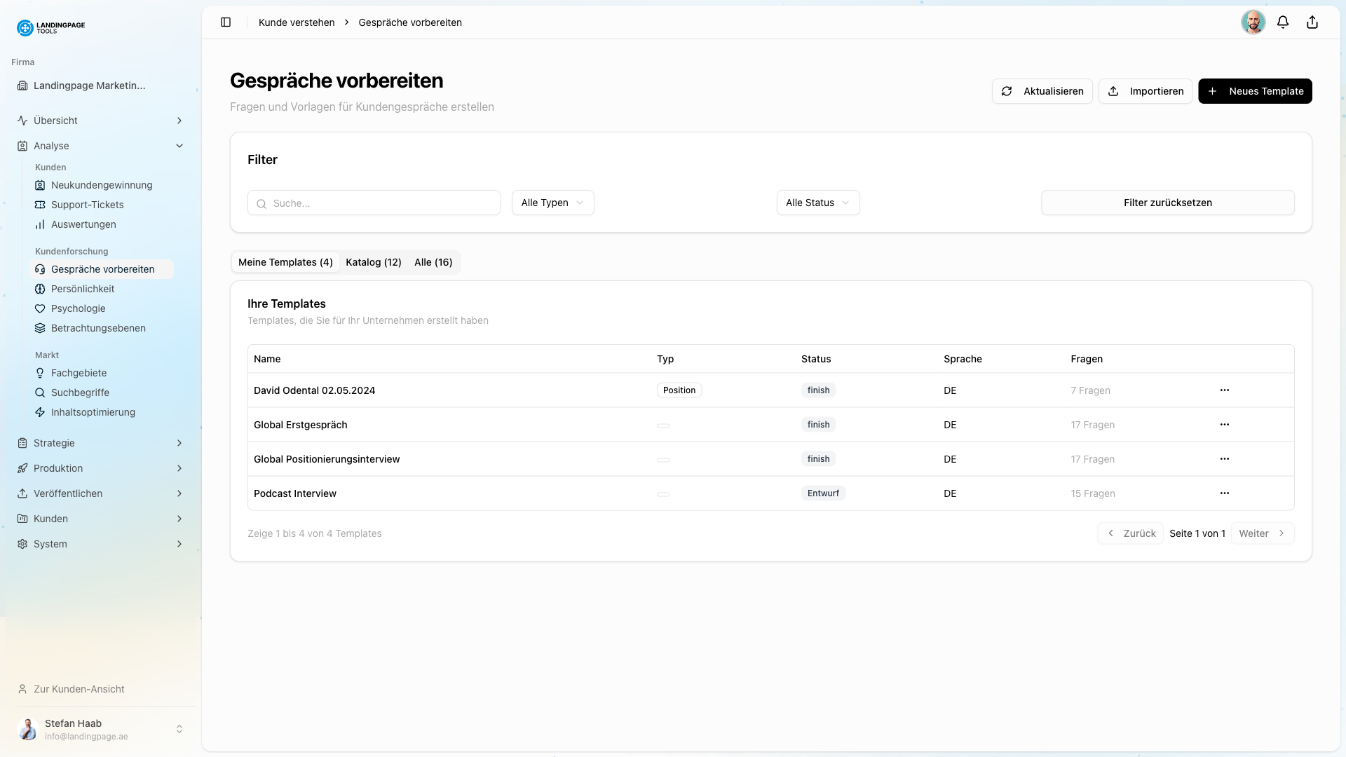 Screenshot: Interview-Modul in der landingpage.tools Plattform