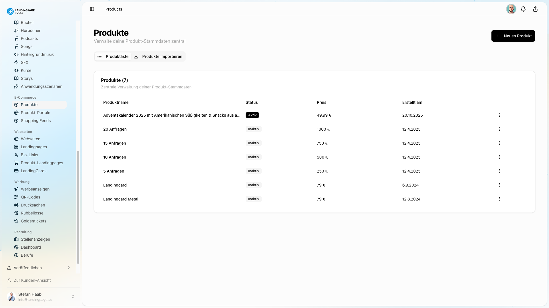 Screenshot: Produkt-Management in der landingpage.tools Plattform