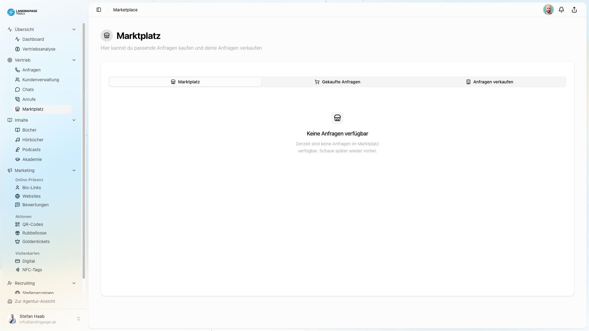 Screenshot: Lead-Marktplatz in der landingpage.tools Plattform