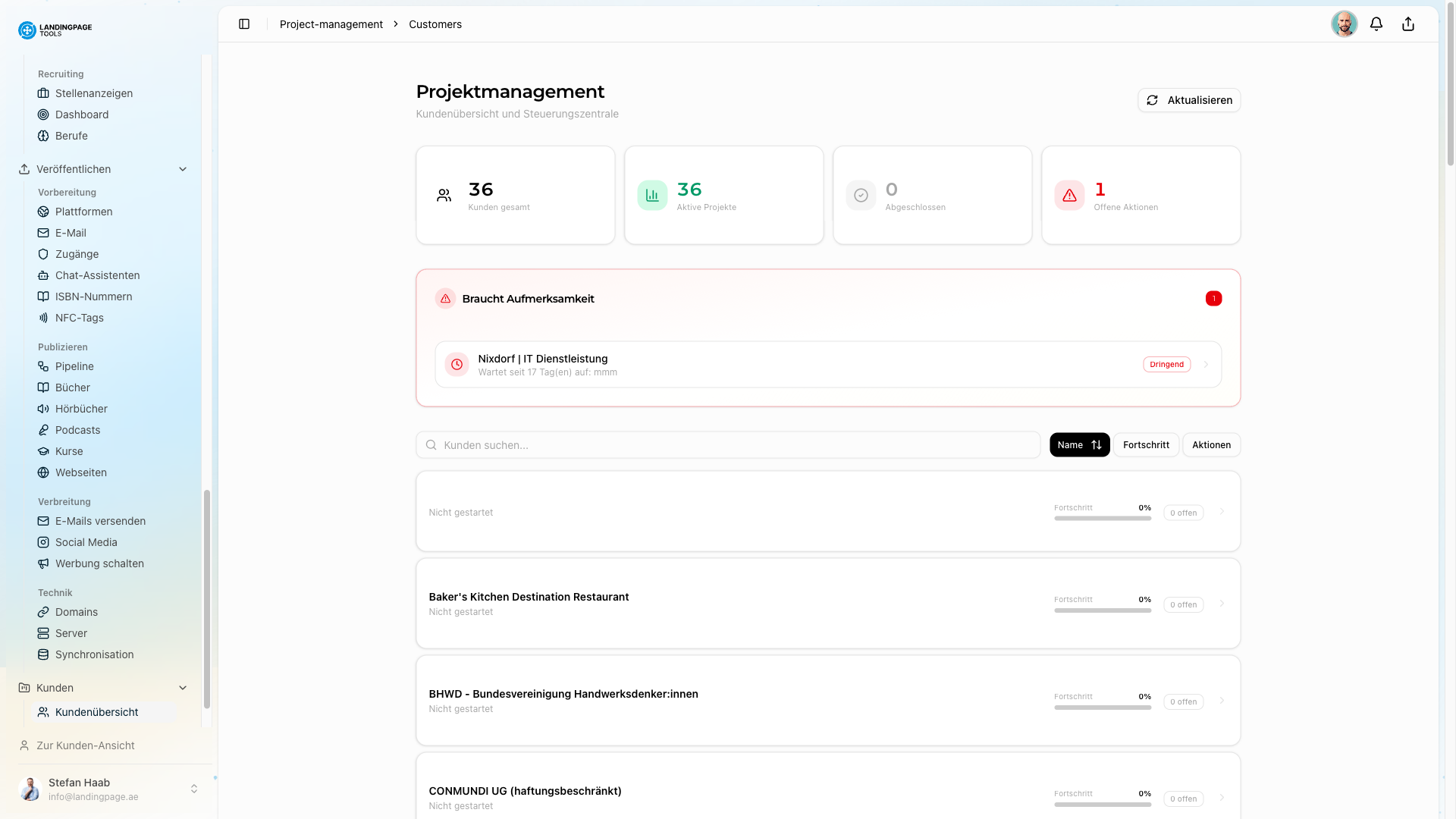 Screenshot: Projektmanagement in der landingpage.tools Plattform