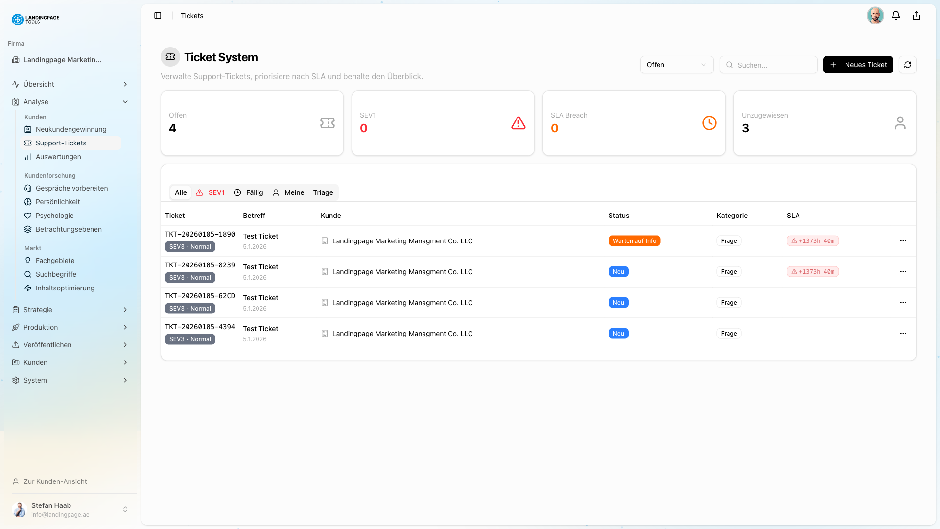 Screenshot: Ticket-System in der landingpage.tools Plattform