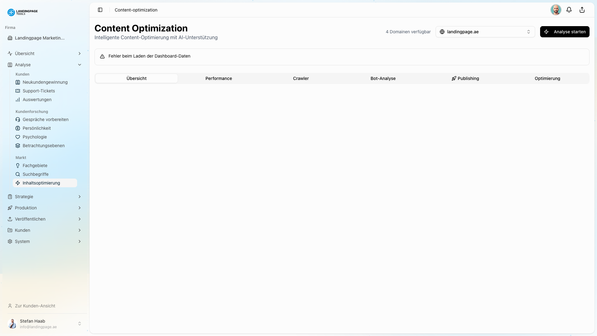 Screenshot: Content-Hub in der landingpage.tools Plattform
