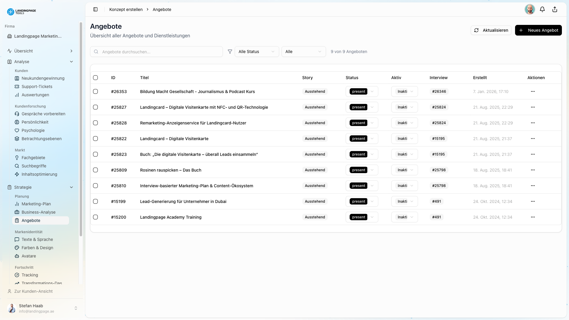 Screenshot: Angebots-System in der landingpage.tools Plattform