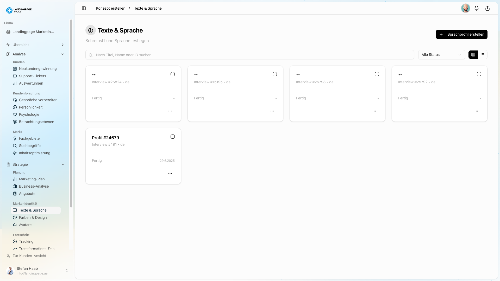 Screenshot: Sprachanalyse in der landingpage.tools Plattform