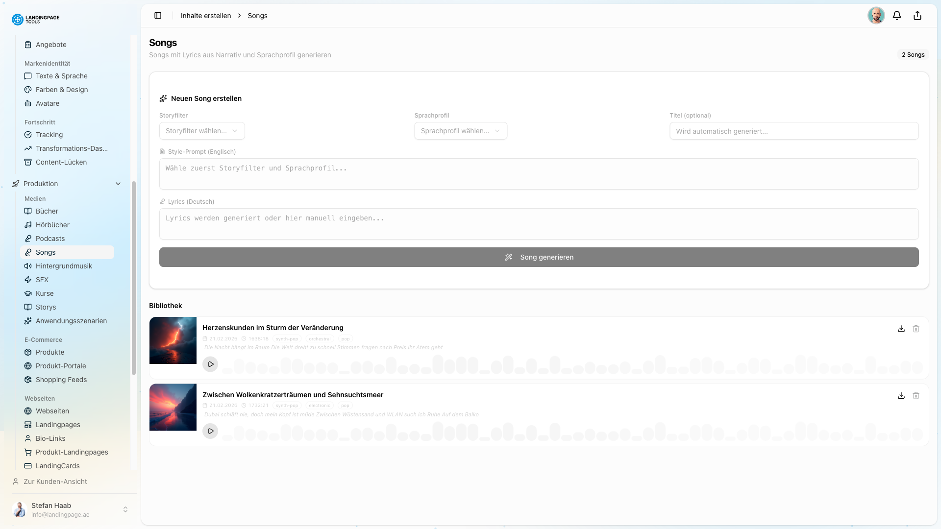 Screenshot: Musik-Generator in der landingpage.tools Plattform