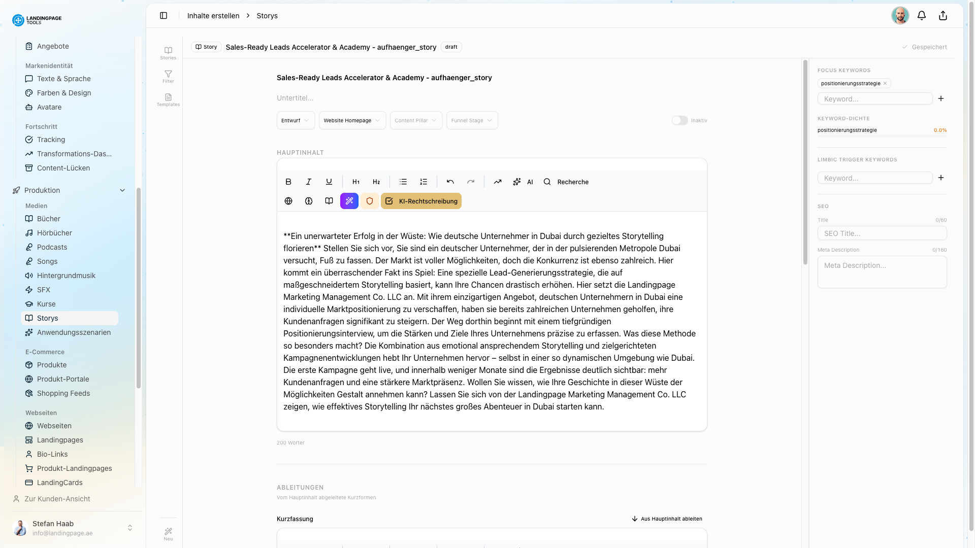 Screenshot: Story-System in der landingpage.tools Plattform