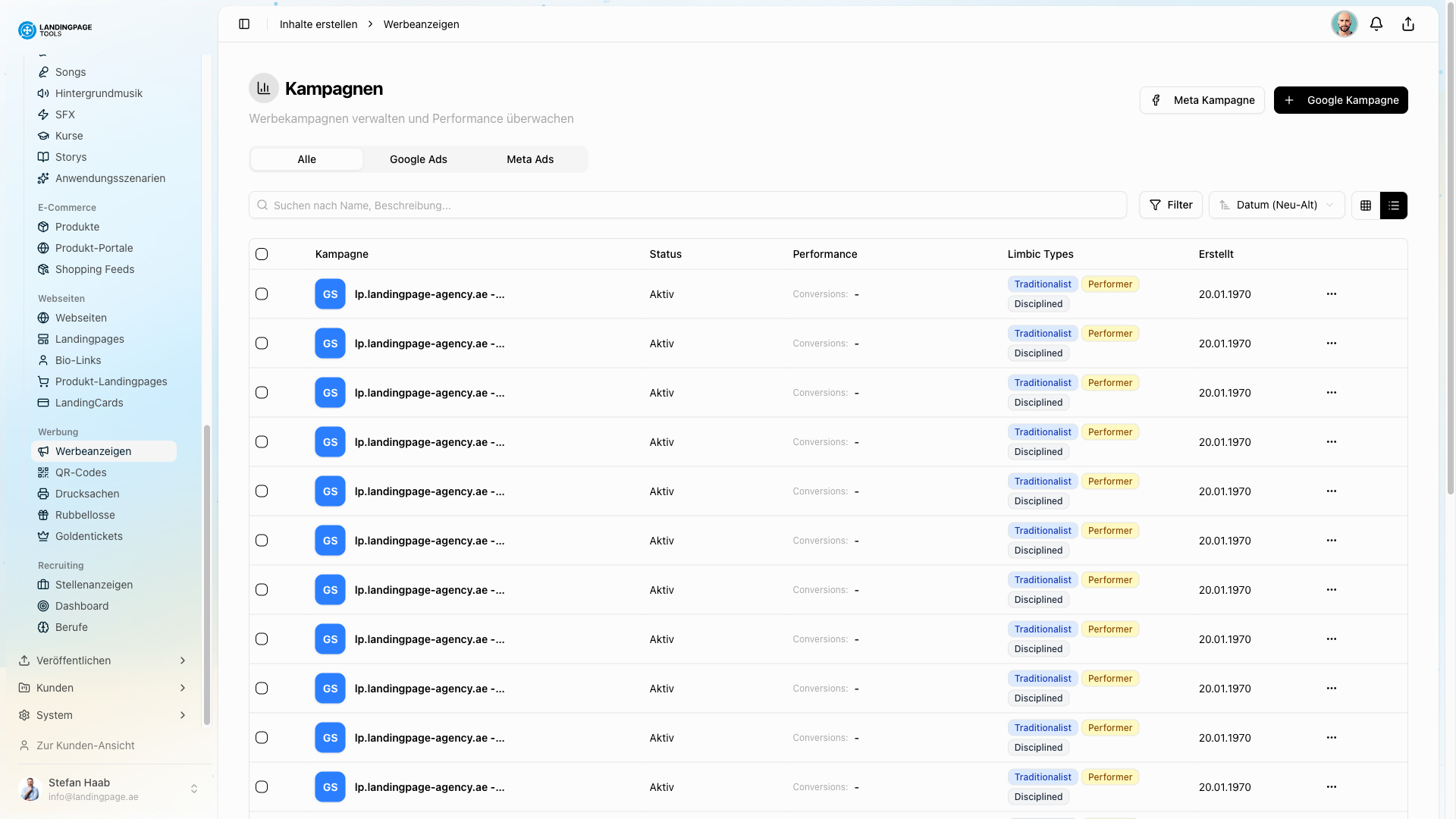 Screenshot: E-Mail-Marketing in der landingpage.tools Plattform