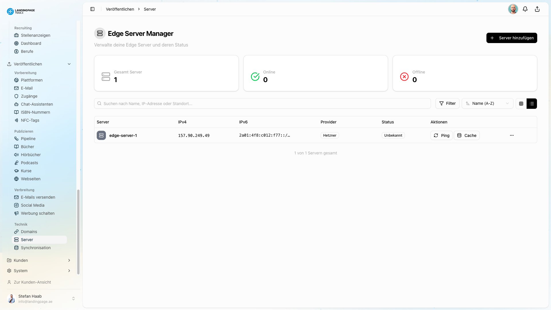 Screenshot: Zugangsverwaltung in der landingpage.tools Plattform