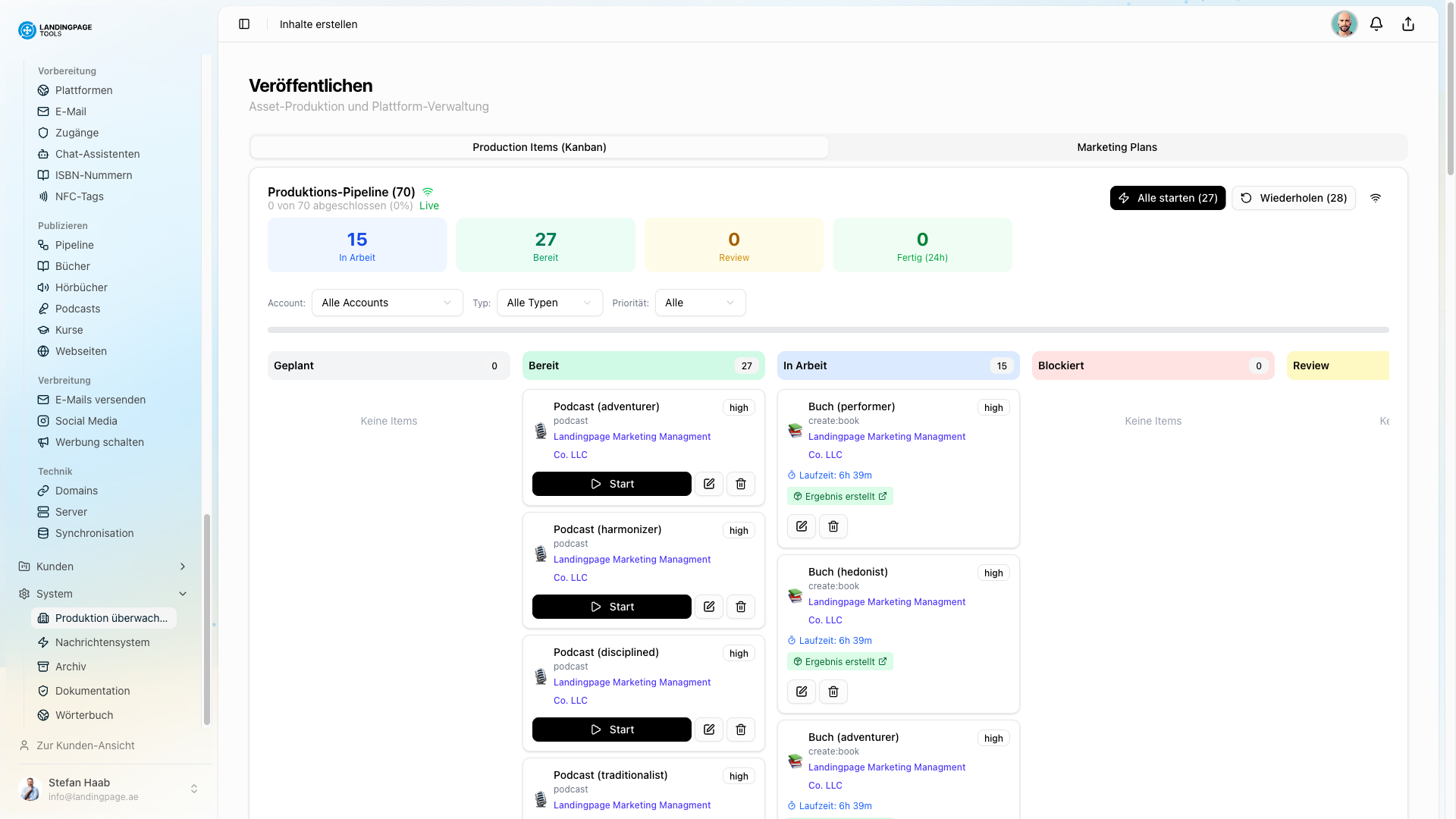 Screenshot: Szenario-Engine in der landingpage.tools Plattform