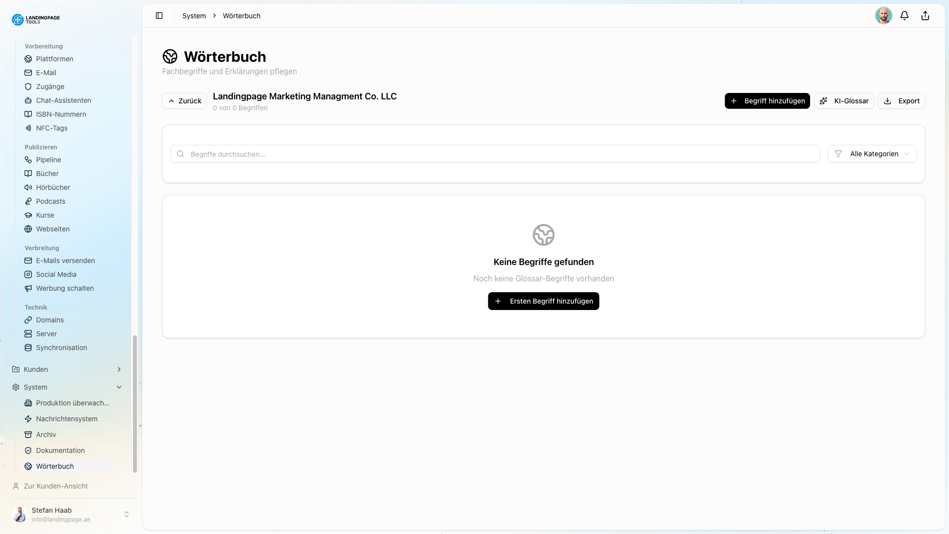 Screenshot: Content-Tresor in der landingpage.tools Plattform